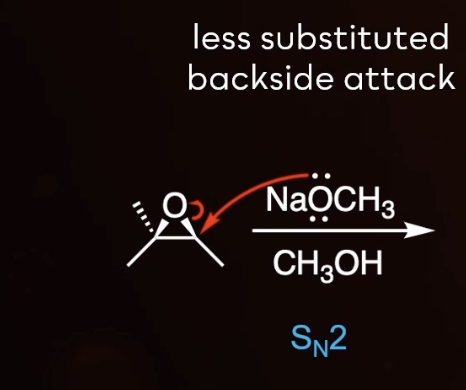 <p>epoxide opening under basic conditions </p><ul><li><p>could be grignard acting as a base! </p></li></ul><p></p>