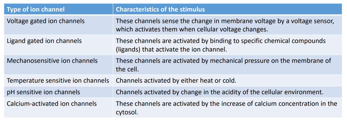 <ul><li><p>voltage change</p></li><li><p>ligand binding</p></li><li><p>temperature</p></li><li><p>pH </p></li><li><p>mechanical stimulation</p></li><li><p>calcium</p></li></ul><p></p>