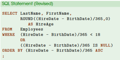<ul><li><p>example: WHERE (HireDate - BirthDate)/365 <18 OR (HireDate - BirthDate)/365 IS NULL)</p></li><li><p>IS NULL keyword is added and represented in the new condition bc IS NULL checks whether the new column (e.g., calculation) does not have any data and is empty or missing. </p><ul><li><p>NULL = missing or empty value</p></li><li><p>NULL is not the same as a white space or a zero</p></li></ul></li><li><p>OR will be included since the new condition with IS NULL keyword will be considered if the first condition is not satisfied (either condition)</p></li><li><p>it is wrong to use AND in this case</p></li></ul><p></p>