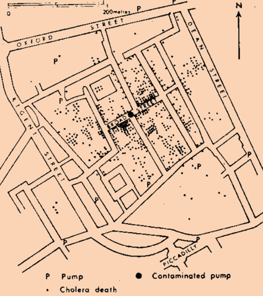 <p>In this case Snow mapped out where patients were dying around Broad Street (using lists from the general registry) by marking the locations they died. These clustered around the water pump and after removing the pump the deaths dropped drastically.</p>