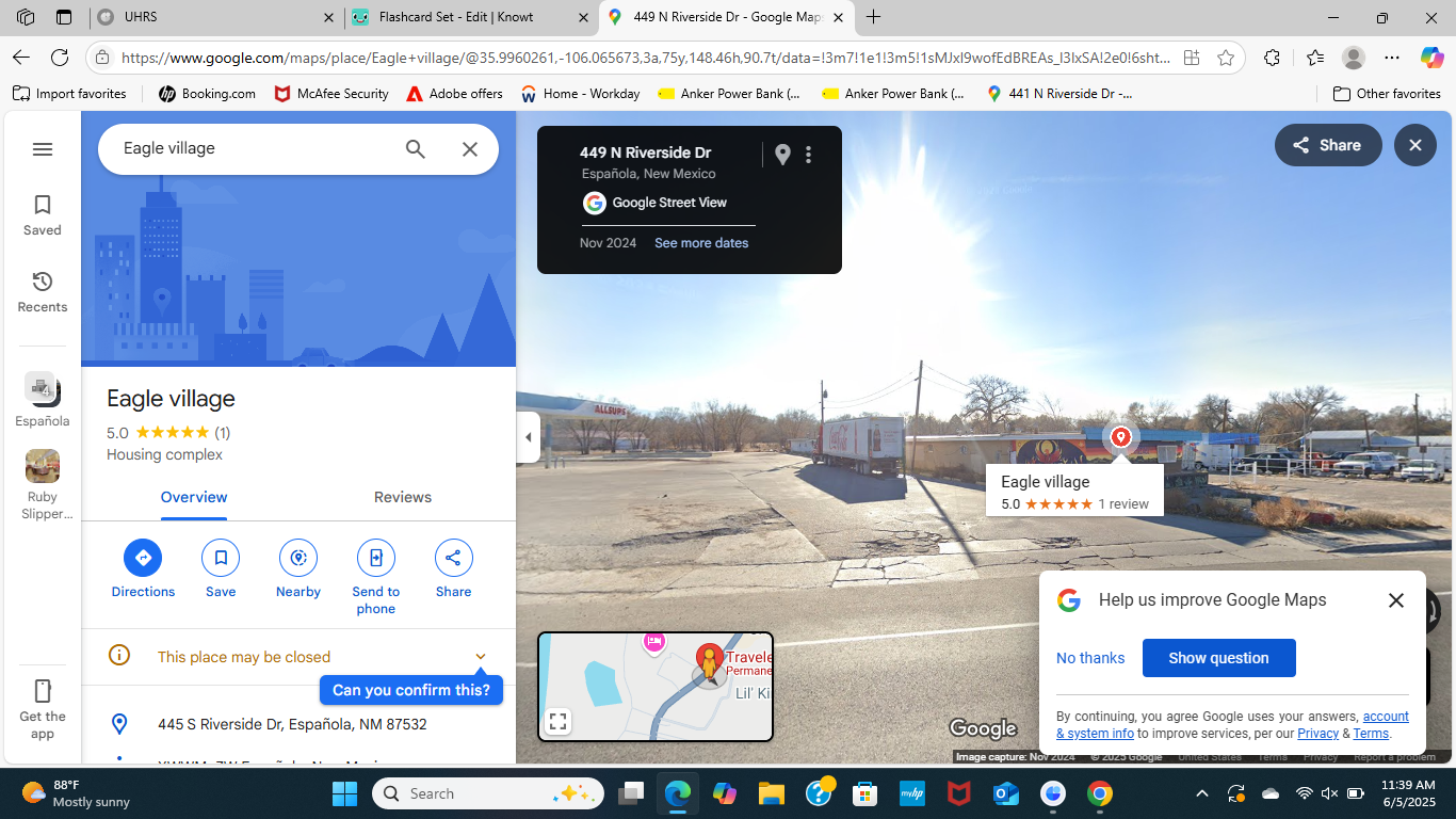 <p>Travelers Motel </p><p><span style="color: green"> Eagle Village</span></p><p></p><p></p><p>Travelers Motel is <span><strong>Permanently closed</strong></span></p><p><span><strong>Search in Goggle Maps </strong></span>Travelers Motel, 445 N Riverside Dr, Espanola, NM, 87532, Click on Image, Click on Icon until see exact Address 445 N Riverside Dr, Espanola, NM, 87532, Select New Name Eagle Village</p><p></p>