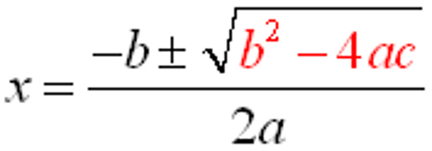 <p>the part of the quadratic equation which is located inside of the square root=</p><p>b squared - 4ac</p>