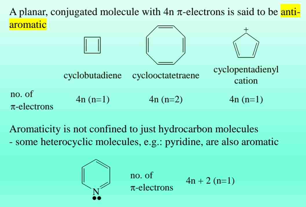 <p><span>Planar, conjugated molecules with 4n π-electrons (e.g., cyclobutadiene) are unstable and termed anti-aromatic.</span></p>