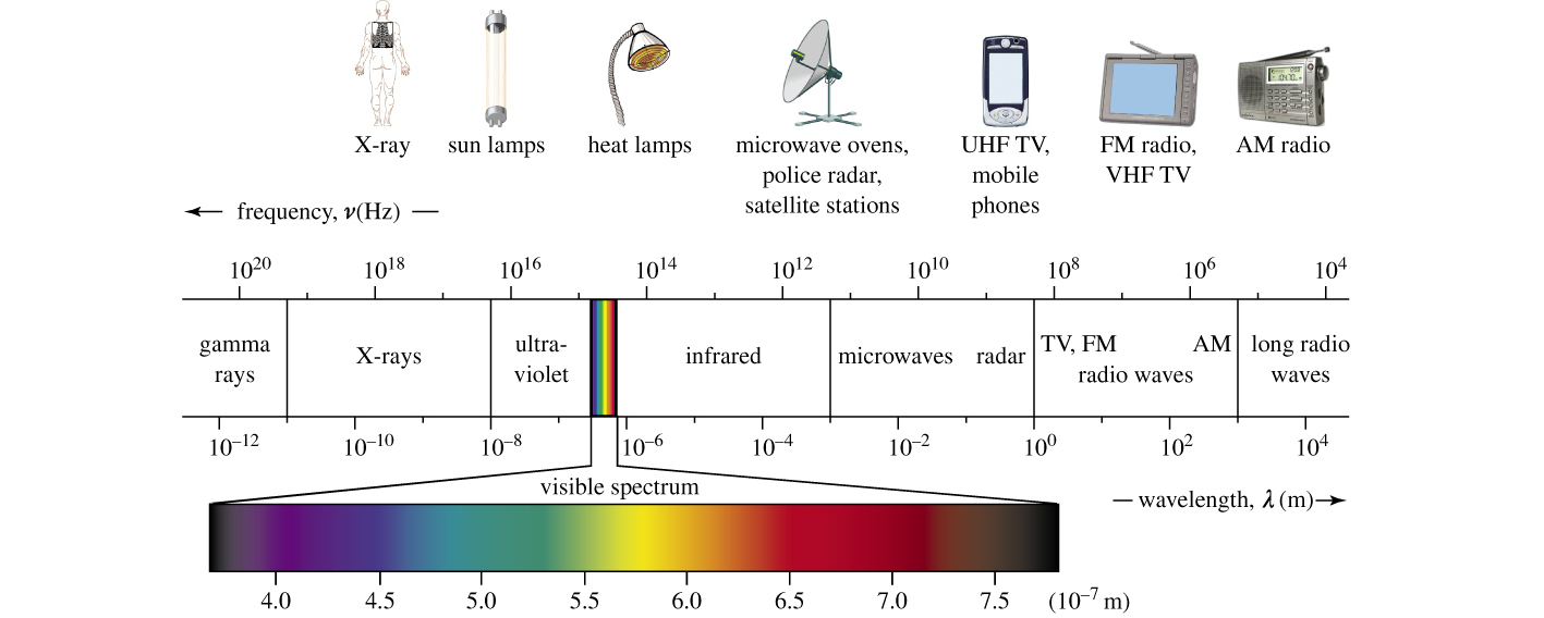 <ul><li><p>Classified by&nbsp;<strong>wavelength</strong> or <strong>frequency</strong>.</p></li><li><p><strong>Visible light</strong>: 380–780 nm.</p></li><li><p><strong>Ultraviolet (UV)</strong>: 10–380 nm.</p></li><li><p><strong>Infrared (IR)</strong>: 780 nm – 1 mm.</p></li></ul><p></p>