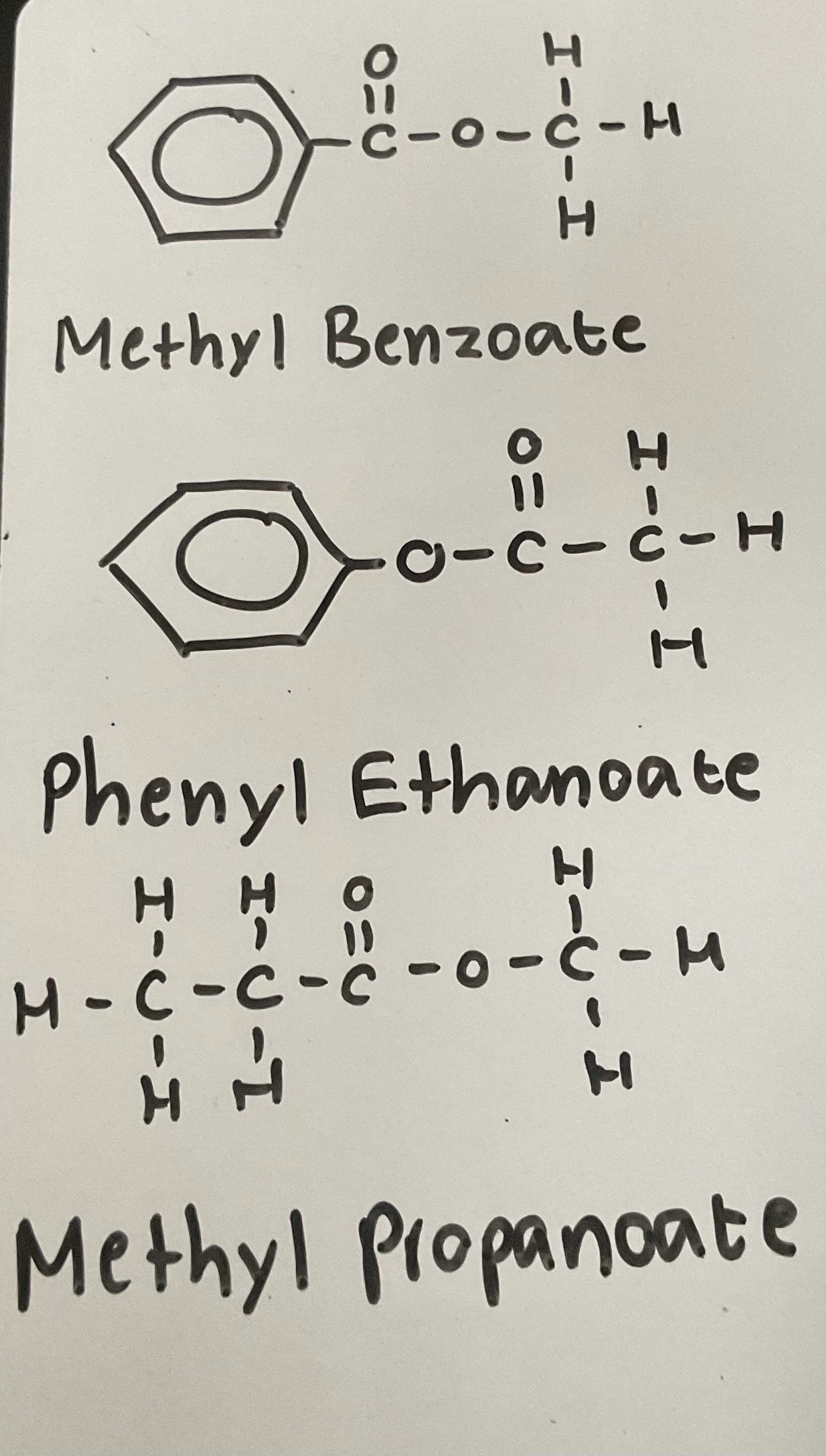 <p>Alcohol part comes first (name it like a branch - methyl, ethyl, phenyl)</p><p>Ending is the anion of the carboxylic acid (e.g ethanoate, butanoate)</p><p>Examples: </p><p></p>