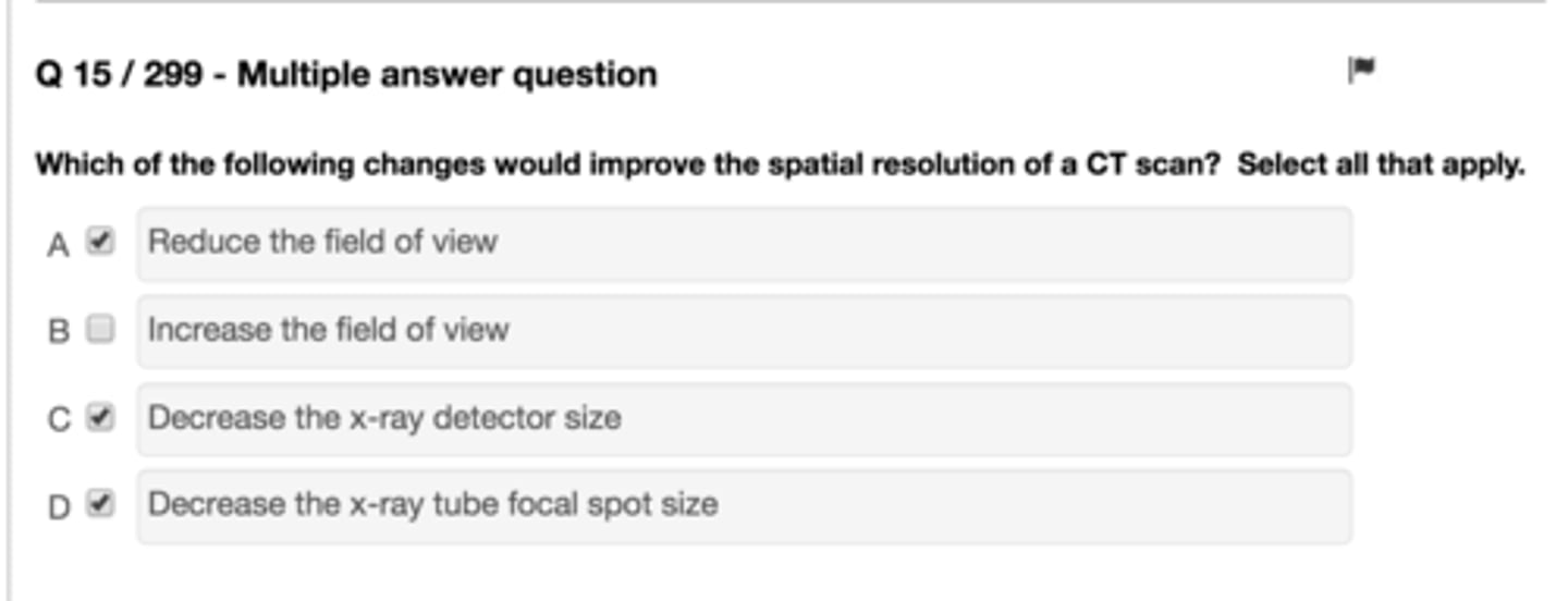 <p>Spatial resolution:</p><p>1) focal spot</p><p>2) detector width (aperture)</p><p>3) reconstruction algorithm - bone&gt;soft tissue</p><p>4) slice thickness - thinner is better</p><p>5) pixel/FOV/matrix</p><p>6) pitch - decreased pitch means no gaps</p><p>7) nyquist limitations</p><p>Contrast resolution: CNR</p><p>1) energy of X-rays - kVp - ↑ kVp ↓ contrast</p><p>2) number of X-rays - mA - ↑ mA ↓ mottle</p><p>3) slice thickness - thicker is better</p><p>4) reconstruction method - iterative &gt; filtered</p><p>5) reconstruction algorthith - soft tissue&gt;bone</p>