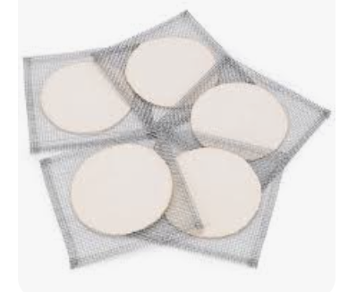 <p>provides base for holding glassware, sits atop a wrought-iron ring, provides a flat surface for beakers or flasks, sometimes called a wire guaze</p>