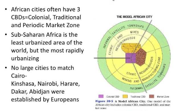 <p><mark data-color="unset" style="background-color: unset; color: inherit;">an urban city model that shows unique urban structures with multiple CBDs (colonial, traditional, transitional), concentric rings for different classes, and informal settlements on the periphery, reflecting colonial history, rapid growth, and diverse economic conditions, unlike purely Western models</mark><span><span>. It highlights stark contrasts between wealthy, planned areas and poorer zones with inadequate services, a key aspect of urbanization in Sub-Saharan Africa. </span></span></p>