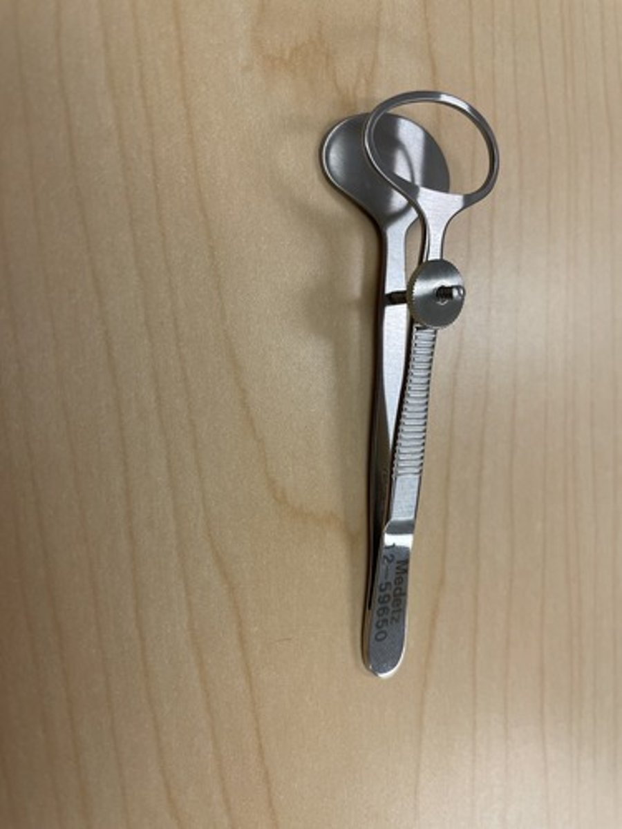 <p>'eyelid speculum' or 'lid retractor', Used in ophthalmology to hold eyelids open, Chalazion is a nonpainful bump, formed from blocked oil glans</p>