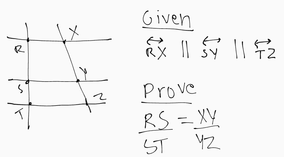 <p>If 3 parallel lines intersect two transversals, then they divide the transversals proportionally. </p>