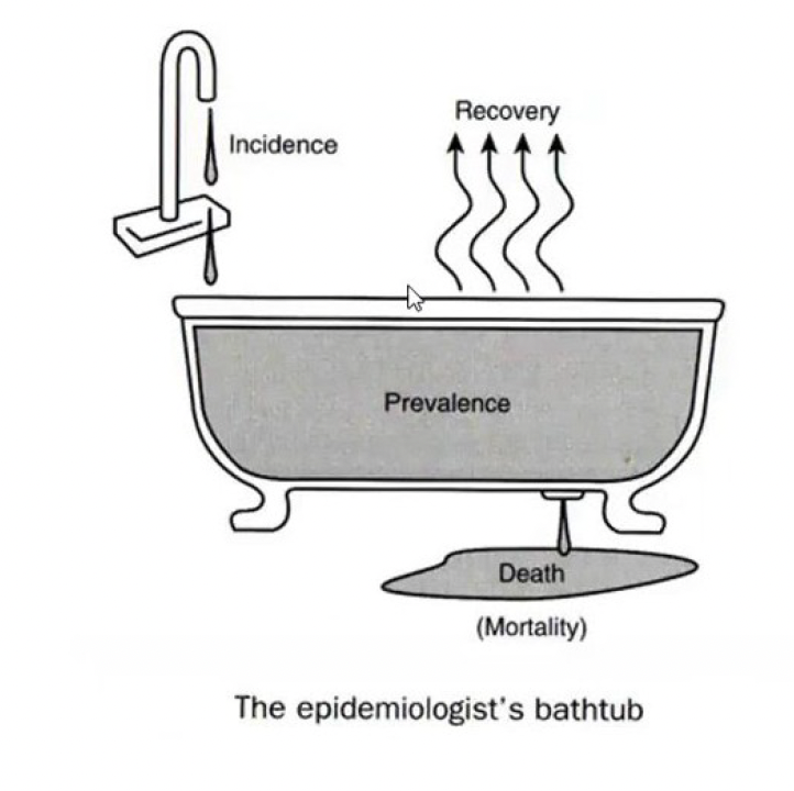 prevalence: how much water there is in the bathtub

incidence: how fast the faucet is dripping (new cases of something in a time period)

how much of the bathtub is filled depends on how fast the faucet is going (under normal circumstances)
