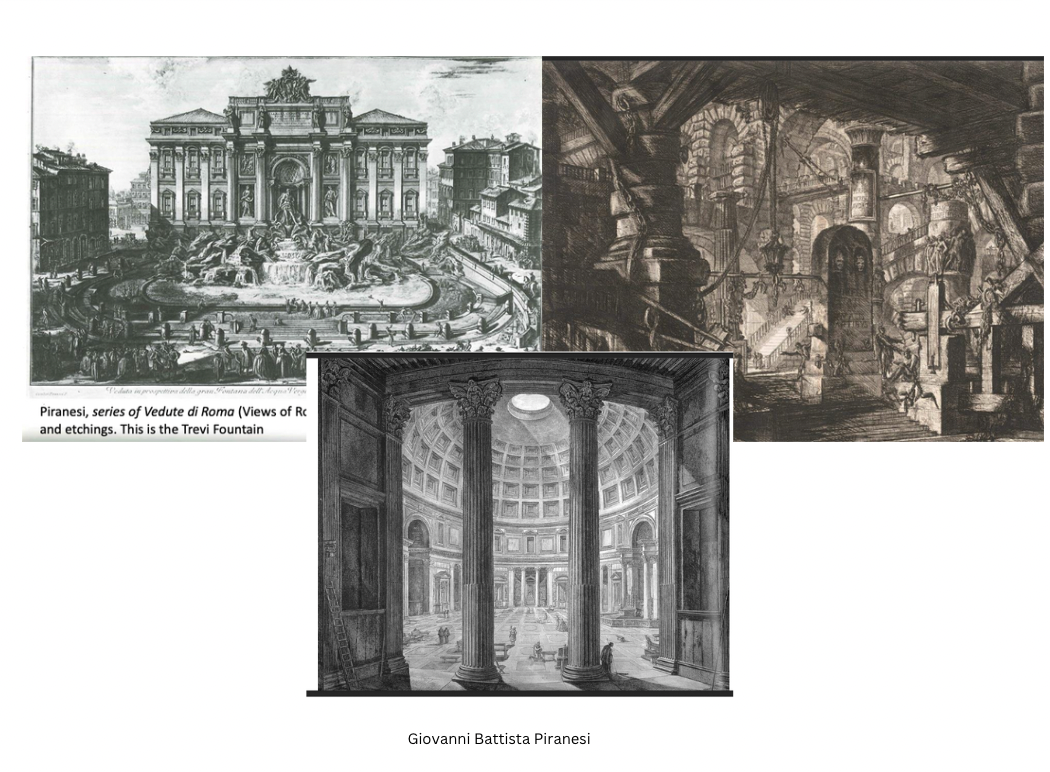 <p>Artist-archaeologist who documented and reimagined ancient Rome with dramatic intensity.</p><p></p><ul><li><p>Monumental ruins</p></li><li><p>Dramatic scale and perspective</p></li><li><p>Blend of archaeology and imagination</p></li></ul><p></p>