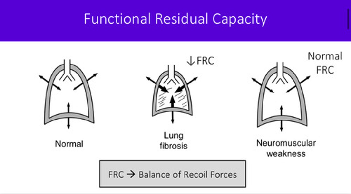 <p>the chest wall wishes to have a higher FRC as it wishes to occupy a larger volume while the lungs want to have a lower FRC as it wants to occupy a smaller volume —&gt; these 2 are balanced through the pleura that connects the two. so when the lungs fibrose and become stiff, it stays in this smaller volume capacity and is unable to expand alongside the chest wall —&gt; FRC and compliance is lower!!</p>