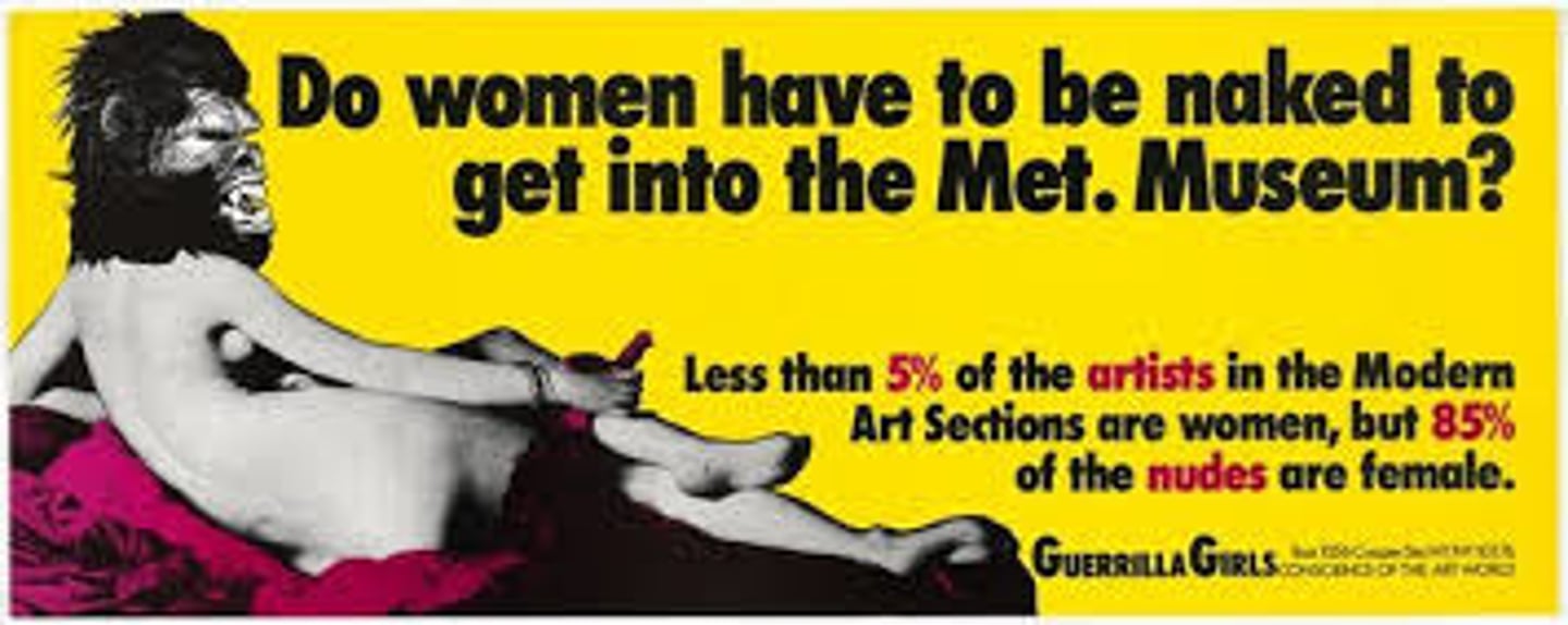 <p>appropriation art, feminism, examining the lack of female representation in art institutions, women -objects rather than agents in art institutions</p>
