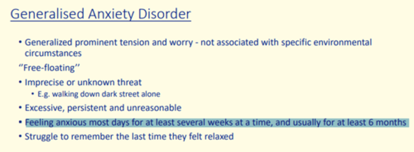 <p>• An anxiety disorder in which a person is continually tense, apprehensive, and in a state of autonomic nervous system arousal</p><p>• Feeling anxious most days for at least several weeks at a time, and usually for at least 6 months</p>