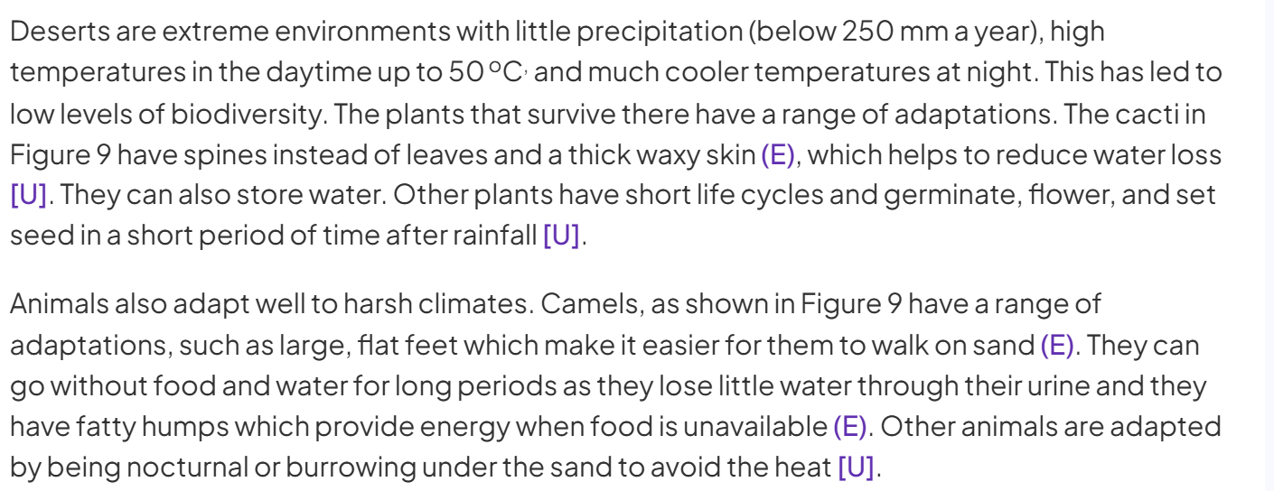 <p><strong>Evidence (E):</strong></p><ul><li><p class="">Cacti have spines instead of leaves and a thick waxy skin.</p></li><li><p class="">Cacti can store water.</p></li><li><p class="">Camels have large flat feet and fatty humps for energy.</p><p class=""><strong>Understanding (U):</strong></p><ul><li><p class="">Spines and waxy skin help reduce water loss.</p></li><li><p class="">Storing water helps plants survive long dry periods.</p></li><li><p class="">Camels can survive without food and water for long periods due to fat stores and water conservation.</p></li></ul></li></ul><p></p>