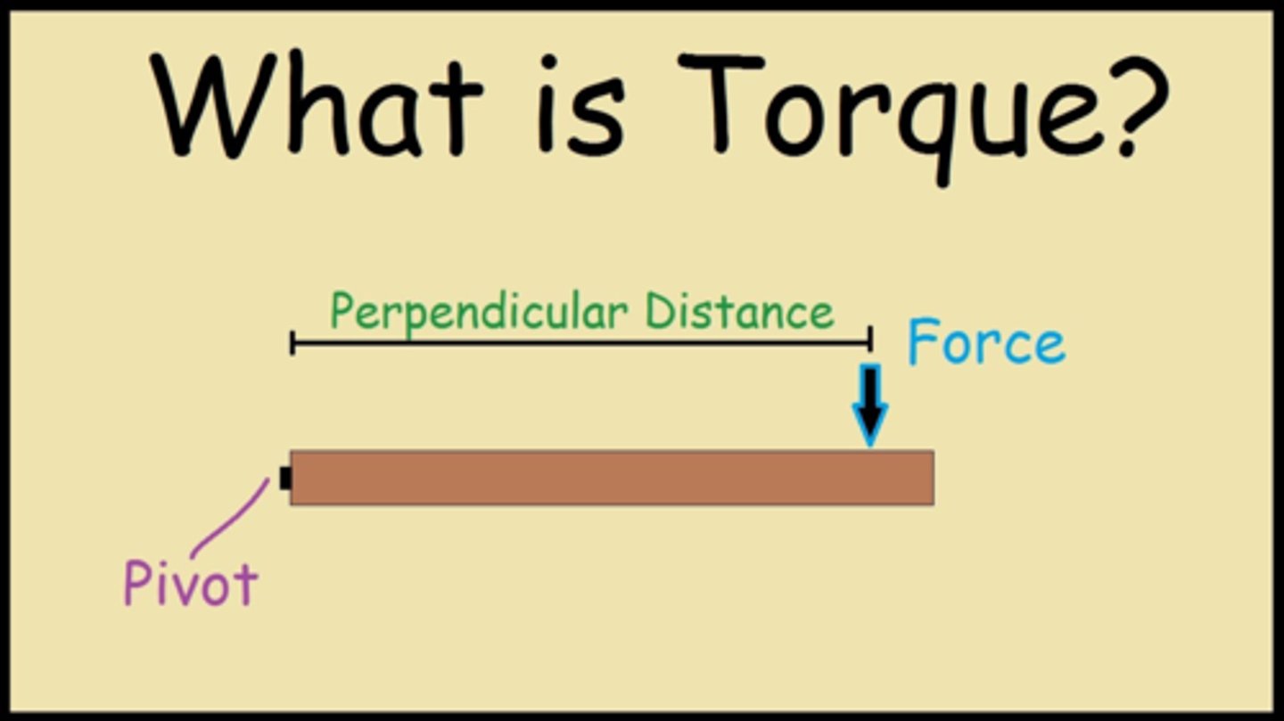 <p>application of force at some distance from the fulcrum generates torque or the moment of force.</p><p>-generate rotational motion.</p><p>the equation for torque is a cross product:</p><p>T = r x F = rFsinθ</p><p>r: length of the lever arm</p><p>F: is the magnitude of the force</p><p>θ: the angle between the lever arm and the force vectors.</p>