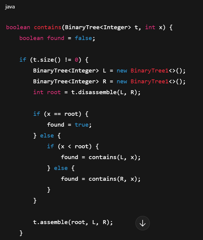 <p>returns a binary tree t<br>if t is empty x is not found<br>r is the root, of t then found</p>