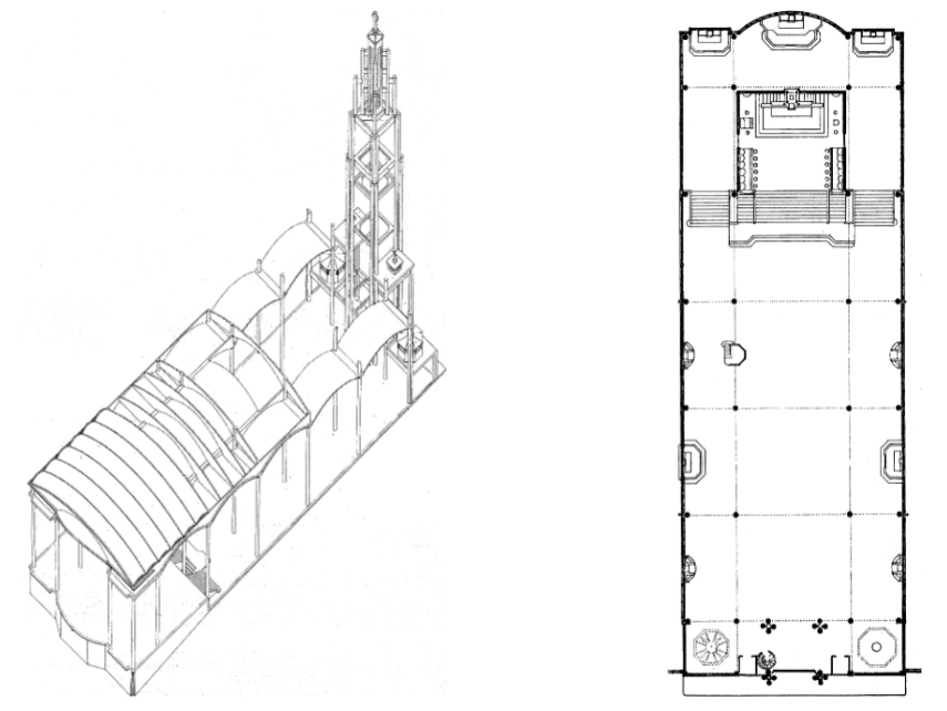 <ul><li><p><span>Piloti, vaulted ceiling, nave, two aisles</span></p></li><li><p><span>Industrial/reinforced concrete frame, stained glass</span></p></li><li><p><span>Gothic + classical + industrial</span></p><ul><li><p>stained glass</p></li></ul></li><li><p><span>no bases, or capitals</span></p></li><li><p><span>vaulted ceiling</span></p></li><li><p><span>nave </span></p></li><li><p><span>low interior round vaulting</span></p><ul><li><p>pediment triangle</p></li></ul></li><li><p><span>heavy roof on thin frame</span></p></li></ul><p></p>
