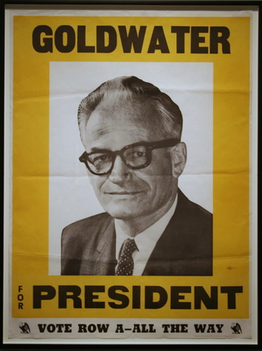 <p>1964; Republican contender against LBJ for presidency; platform included lessening federal involvement, therefore opposing Civil Rights Act of 1964; lost by largest margin in history</p>