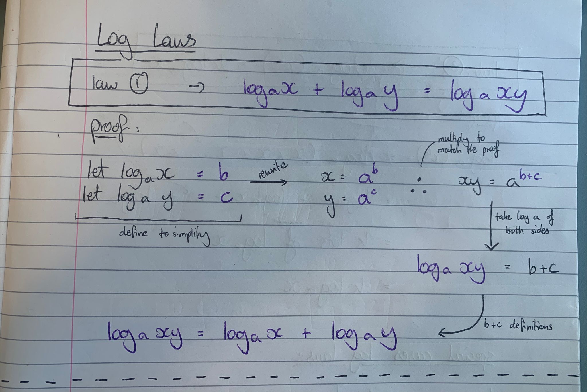 <p>log<sub>a</sub>x + log<sub>a</sub>y = log<sub>a</sub>(xy)</p>