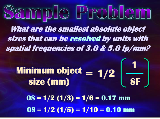 <p><span>What are the smallest absolute object sizes that can be resolved by units with spatial frequency of 3.0?</span></p>