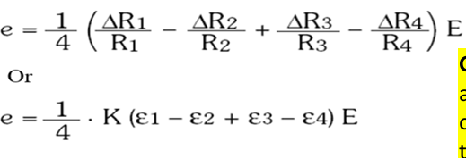 <ul><li><p class="">A full bridge configuration replaces all four resistors in the Wheatstone Bridge with strain gauges, improving sensitivity.</p></li><li><p class="">The output voltage formula is:</p></li></ul><p></p>