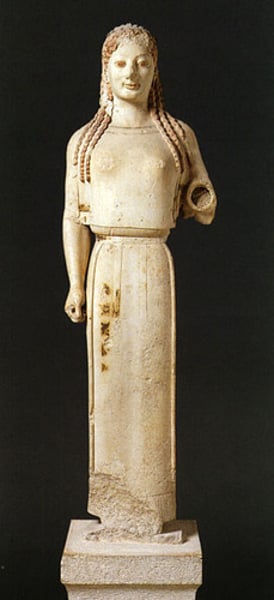 <p>Period: Archaic c.530 B.C.E.</p><p>Form: Marble statue</p><p>Function: Funerary; votive offering</p><p>Content: Goddess wears a peplos; natural, simple. Women always clothed. Buried at grave. Once held identity in left hand.</p>