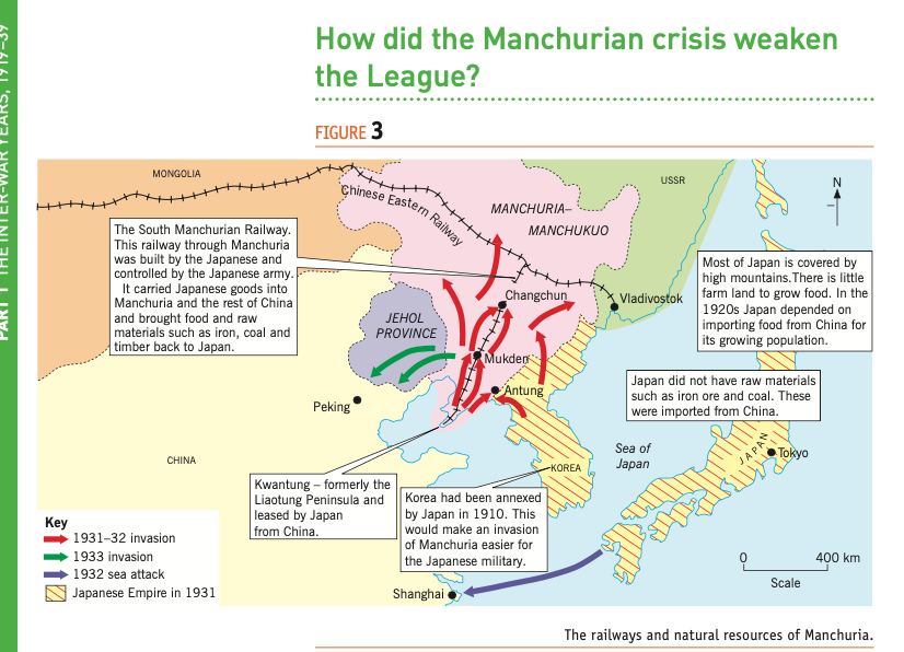 <p>Since 1900 Japan’s economy and population had been growing rapidly.</p><p class="p1">By the 1920s Japan was a major power with a powerful military, strong</p><p class="p1">industries and a growing empire (see Figure 3). But the Depression hit</p><p class="p1">Japan badly as China and the USA put up tariffs (trade barriers) against</p><p class="p1">Japanese goods. Army leaders in Japan were in no doubt about the solution</p><p class="p1">to Japan’s problems – Japan would not face these problems if it expanded</p><p class="p1">its empire to provide resources and markets for Japanese goods.</p>