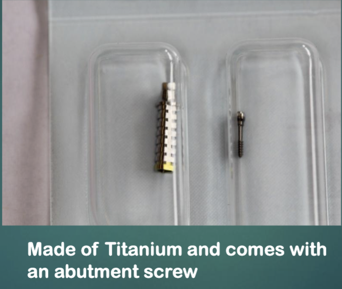<p>provisional abutment- made of titanium and comes w an abutment screw </p>
