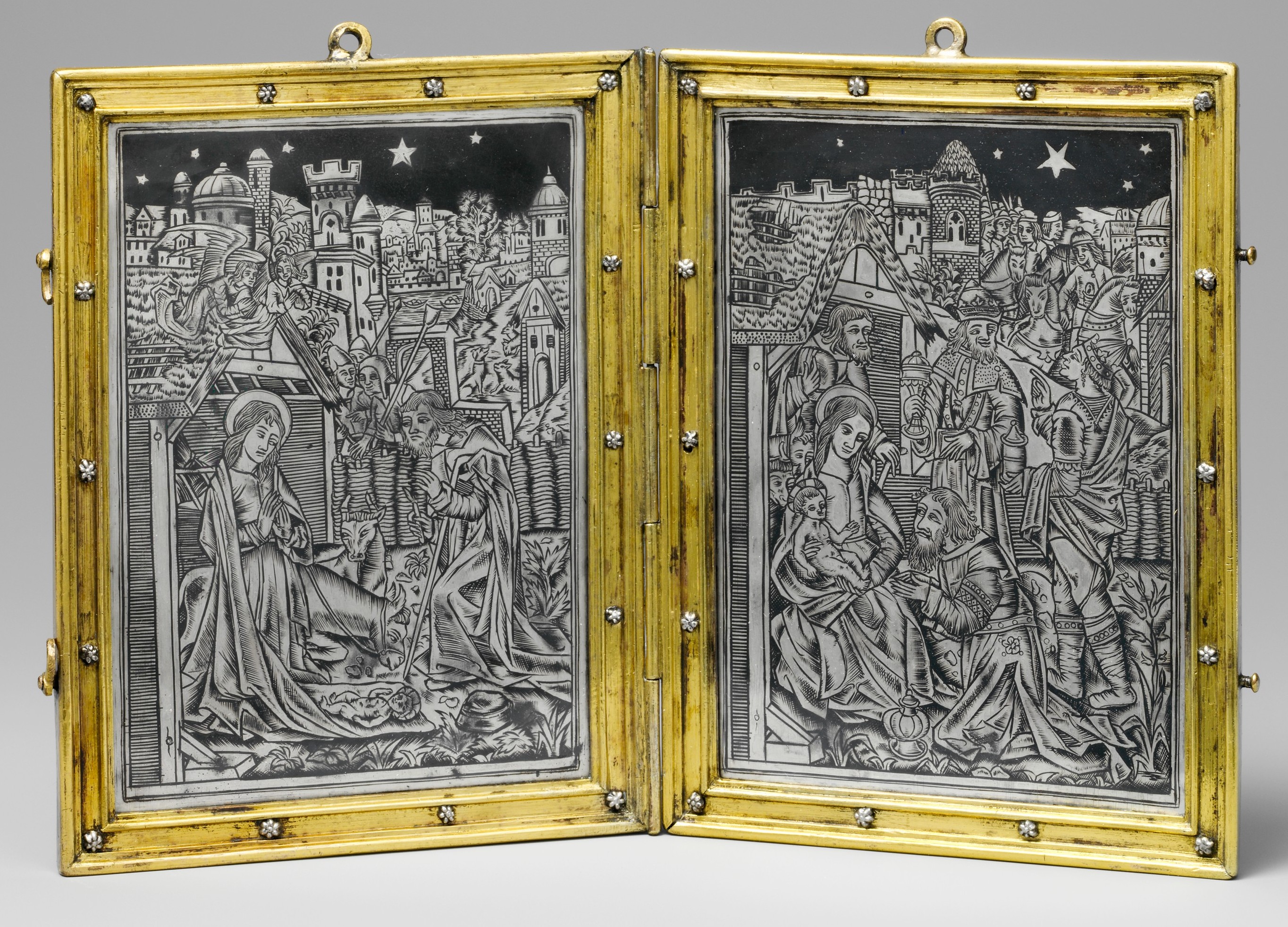 <p>A specific type of print developed in Florence around the late 1440s. Originally created to decorate the lids of small boxes. Involves engraving a design into a metal surface, then filling the engraved lines with a black, metallic alloy made of sulfur and other metals like silver, copper, and lead. The piece is heated, causing the niello to melt and flow into the grooves. After it cools, the excess is polished off, leaving a black inlay that provides a sharp contrast with the surrounding polished metal.</p>