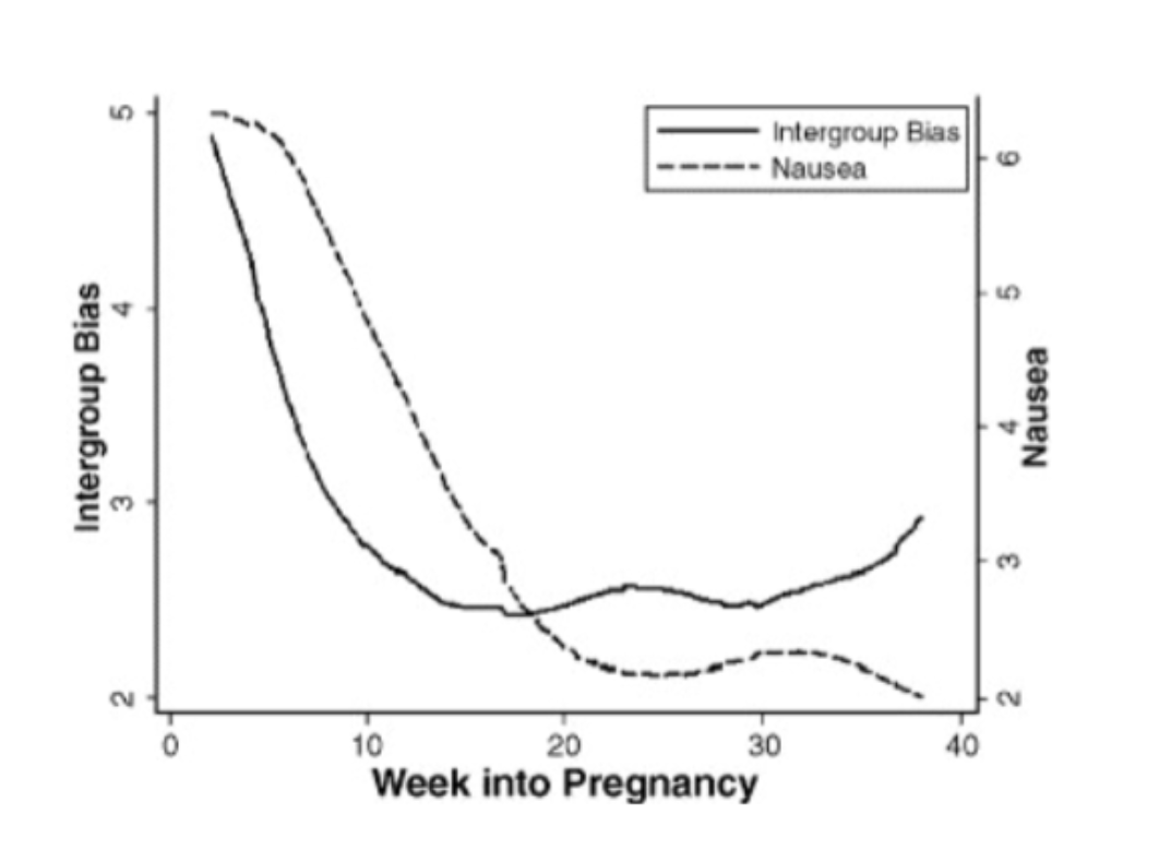 <ul><li><p><span style="background-color: transparent;"><span>Study asks 206 pregnant women to evaluate the authors of two essays.</span></span></p></li><li><p><span style="background-color: transparent;"><span>One essay presents the negative experiences and opinions of a foreigner critical of America and its citizens. The other essay presents an American's positive appraisal of the country and its values</span></span></p></li><li><p><span style="background-color: transparent;"><span>The solid line depicts the relative attraction for the American over the foreign target across the week of pregnancy. The dashed line depicts self-reported nausea. </span></span></p></li></ul><ul><li><p><span style="background-color: transparent;"><span>Even after nausea was statistically controlled, during the first trimester, women continued to show an increase in positive attitudes toward Americans and an increase in negative attitudes toward foreigners</span></span></p></li></ul><p></p>