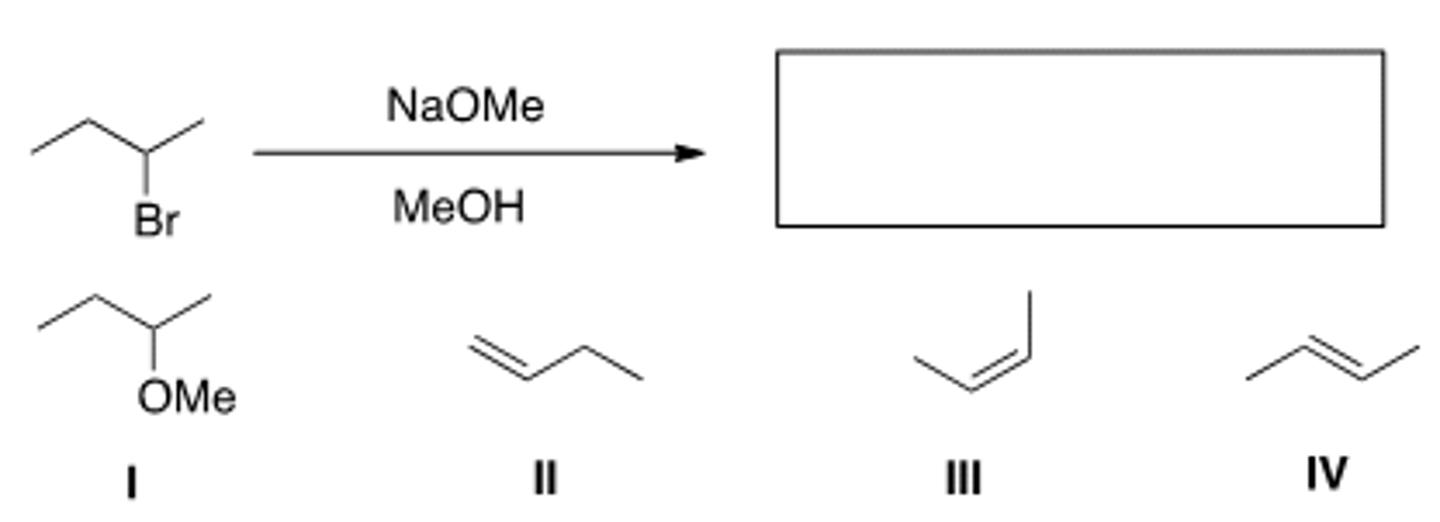 <p>Which of the following is the major elimination product of the following reaction?</p><p>A) I B) II C) III D) IV</p>