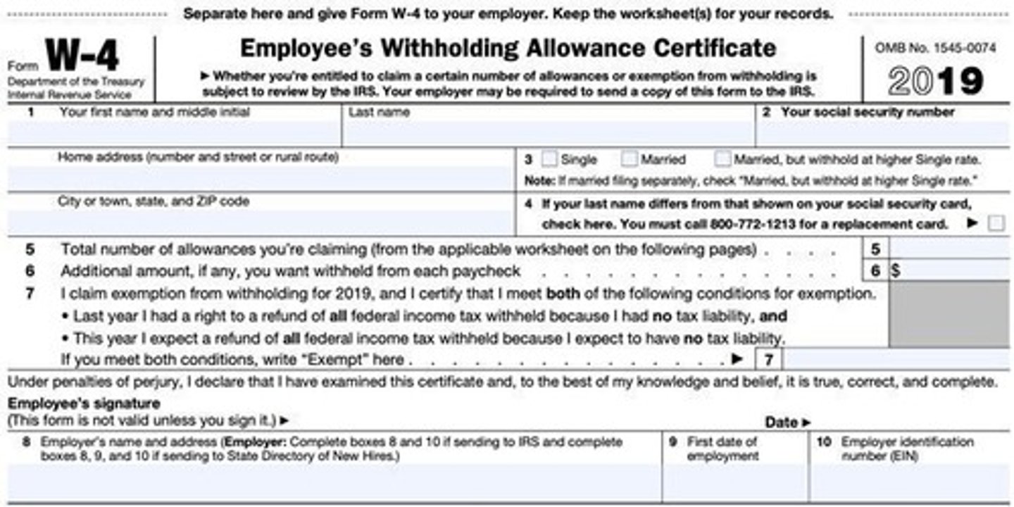 <p>A federal tax form filled out by an employee to indicate the amount that should be withheld from his/her paycheck for taxes.</p>