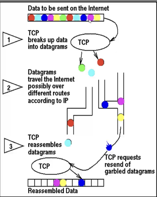 <ul><li><p>packet stops at 1st machine, next machine, and so on until it gets to the final IP address</p></li><li><p>packets can take different routes, but all get to the same destination (packet switching)</p></li></ul>