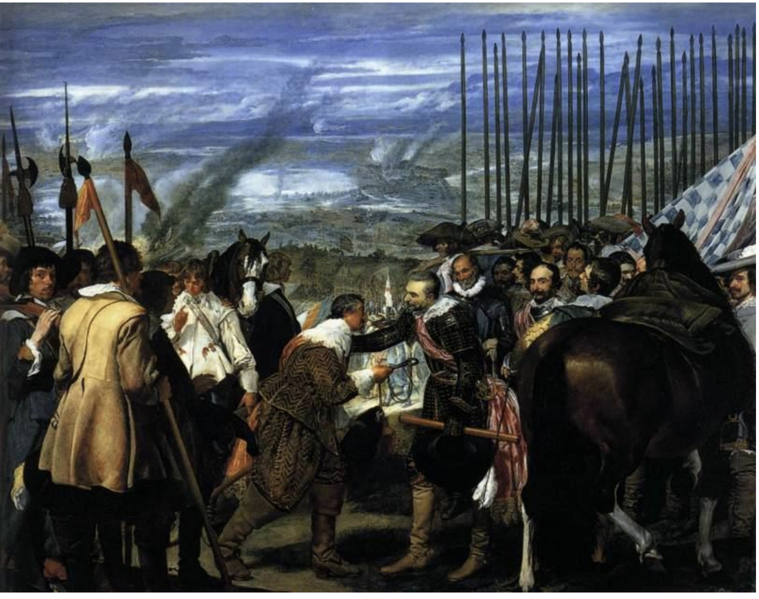 <ul><li><p><span><strong>Key Features</strong>:<br><br></span></p><ul><li><p><span>Depicts the surrender of the Dutch city of Breda to the Spanish forces.<br><br></span></p></li><li><p><span>Velázquez portrays the scene with a sense of dignity and respect for both sides, avoiding glorifying one over the other.<br><br></span></p></li></ul></li><li><p><span><strong>Memorable Fact</strong>: The painting is famous for its detailed depiction of the military scene, showcasing Velázquez’s mastery in both history and portraiture.<br><br></span></p></li></ul><p></p>
