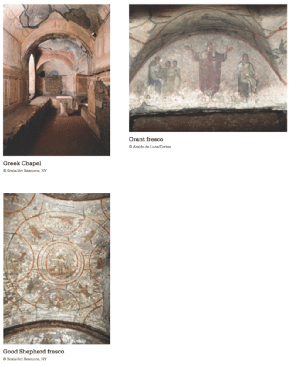 <p>Rome, Italy. Late Antique Europe. c. 200-400 C.E. Excavated tufa and fresco.</p>