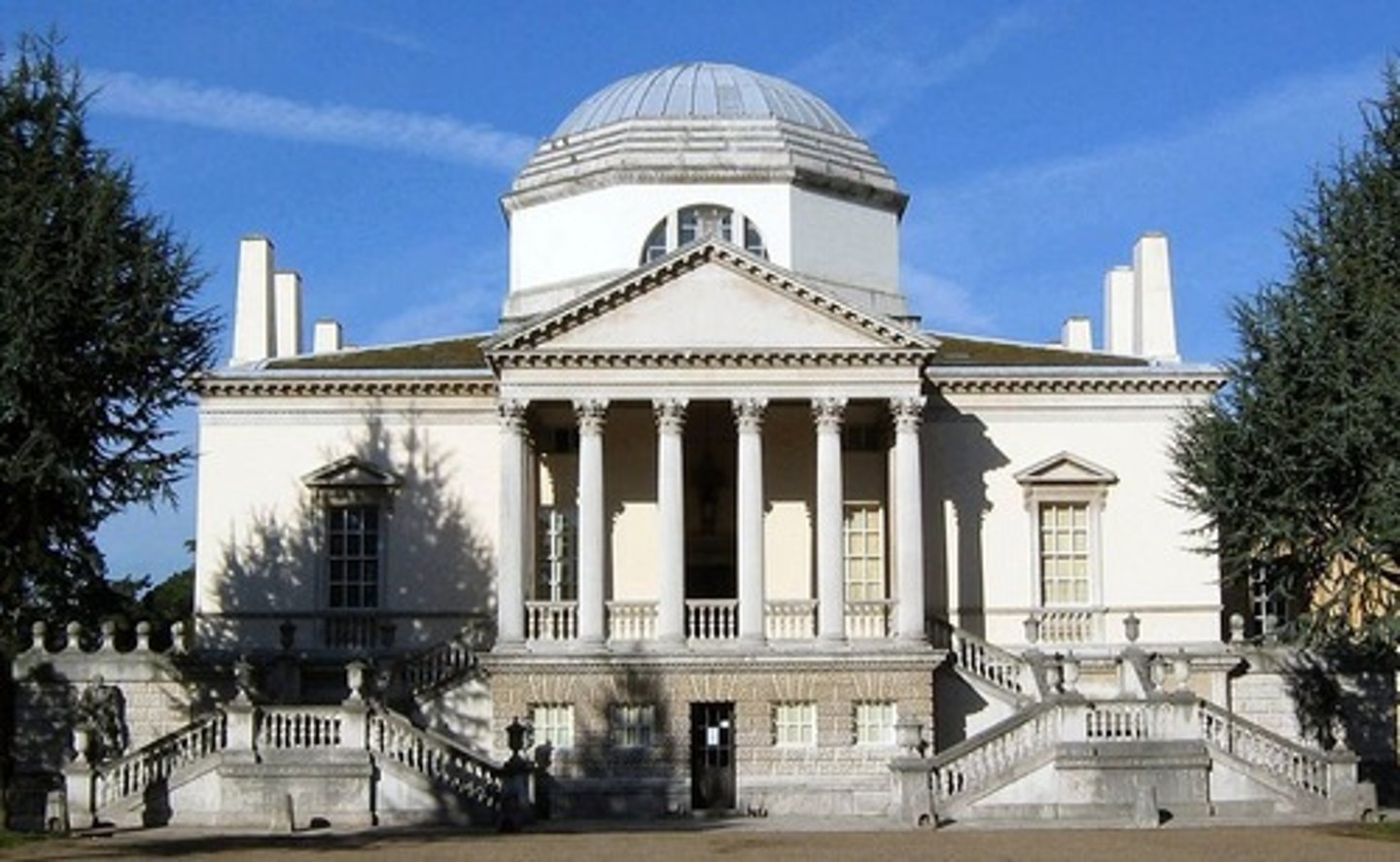 <p>Early Georgian</p><p>Palladian style architecture</p><p>dome</p><p>portico</p><p>rustication</p><p>entablature</p><p>pediment</p><p>total symmetry</p><p>pediments over windows</p>