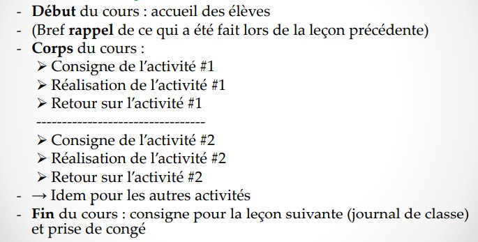 * La leçon est l’unité qui correspond à une période de 50’ ou d’une heure de cours. 
* Chaque leçon s’inscrit logiquement dans une séquence didactique.
* Chaque leçon poursuit des objectifs spécifiques qui sont en lien avec les objectifs généraux de la séquence.
* Chaque leçon suit, elle aussi, une trame particulière dont les éléments suivants ne sont que les grandes étapes traditionnelles