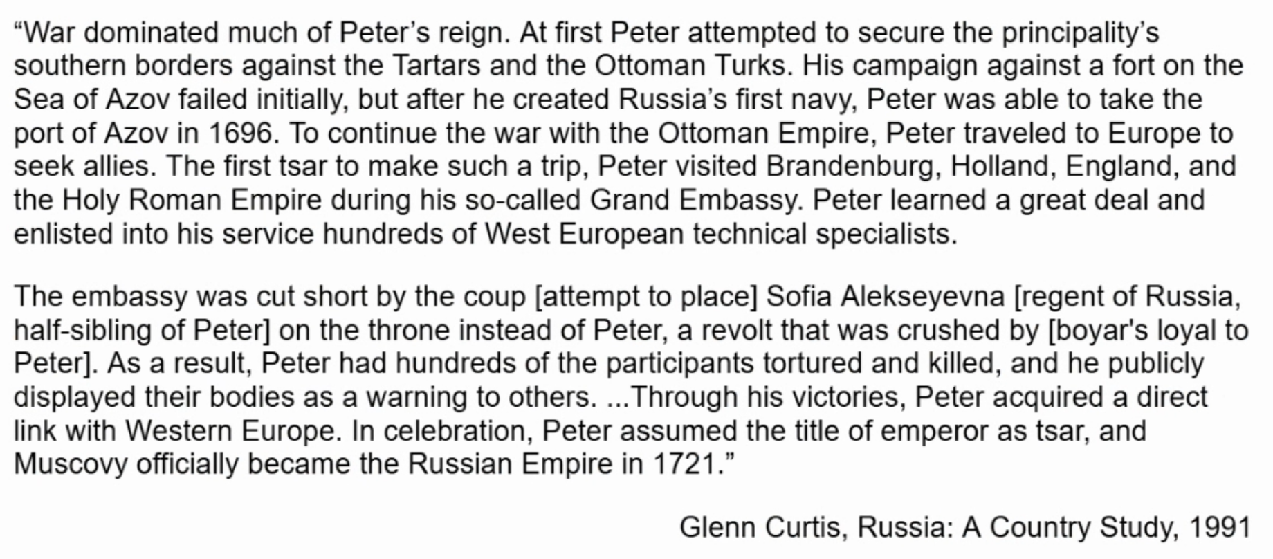 <p>The attempted coup by Sofia supported by the Boyars during Peter’s reign connects with which of the following political continuities of Russia?</p>