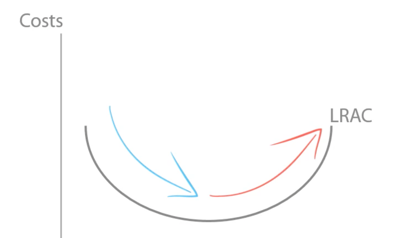 <p><span>Internal economies of scale followed by internal diseconomies of scale</span></p>