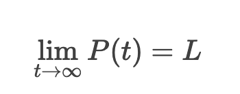 <p>As time approaches infinity, the population approaches the carrying capacity L.</p><p></p>