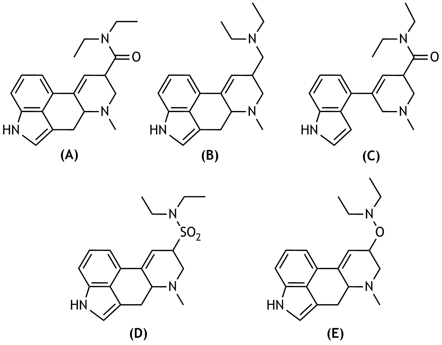 <p>56. Lysergic acid diethylamide — better known by the abbreviation LSD — is a psychoactive derivative of lysergic acid. The latter is a tetracyclic compound that contains a β-amino carboxylic acid unit.</p><p>Which of the following structural formulas correctly represents LSD, disregarding stereochemistry?</p><p>A. (A)</p><p>B. (B)</p><p>C. (C)</p><p>D. (D)</p><p>E. (E)</p>