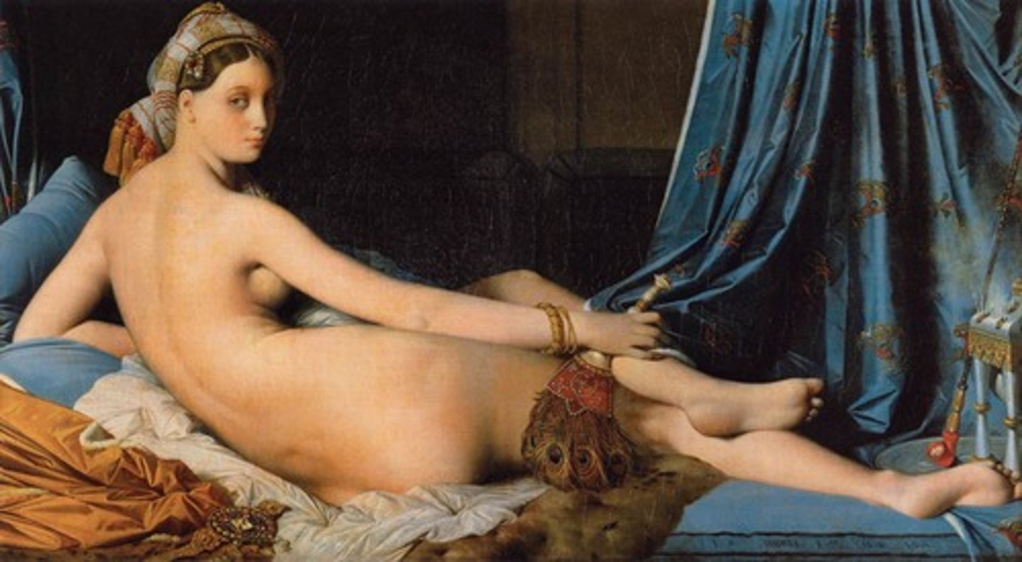 <p>1814. Jean-Auguste Ingres. Oil on canvas.Romantic<br>European obsession with the "Harum" (bathing house with prostitutes), (NOT REAL?) , artists reconstructing &amp; molding it into a FANTASY<br>Proportion issues, "noodle arm", spine, boobs?<br>TENEBRIST influence (BAROQUE epic)<br>Silk curtain, hashish pipe, turban, peacock feather fan, incense burner. "EXOTIC"<br>Parisian model, manufactered fantasies<br>CLASSICAL influence, realism idealization<br>Supported ENLIGHTENMENT IDEAS THAT "EUROPEANS HAD TO CIVILIZE"Moral obligation<br>More Acceptable because shes not a white women<br>Reclining female nude CONTINUATION, streches to fill the canvas<br>EROTISICM OF THE ROCOCO!!!<br>ORIENTALISM</p>