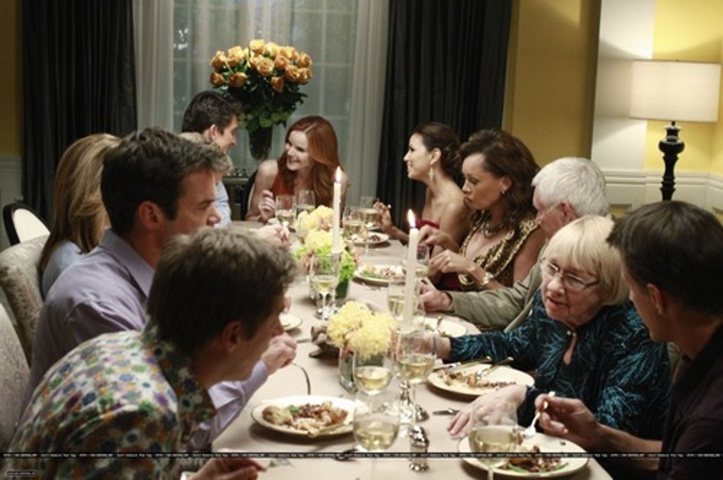 <p>among, at the house of</p>