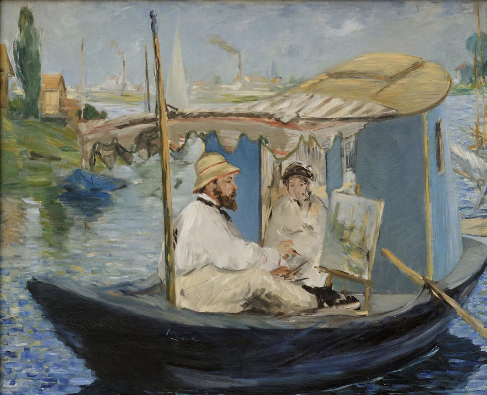 <p>Monet working on his boat in Argenteuil, Edouard Manet 1874</p>