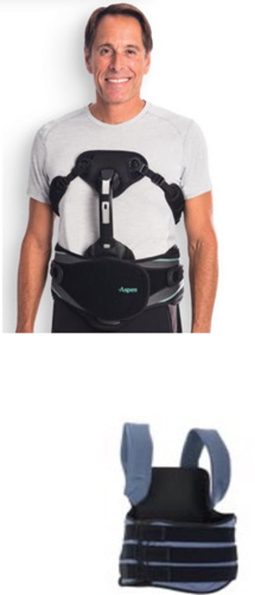 <p>circumferential spinal orthosis from SC junction to above T9</p><p>incorporates semi-rigid panels for support</p><p>biomechanical capacity</p><p>reduces vertical load (hydrostatic compression)</p><p>reduces motion in thoracic/lumbar spine with panels</p><p>cannot immobilize spine</p>
