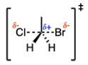 <p>C</p><p>The <strong>pentavalent transition state</strong> is the highest energy configuration of atoms during an <strong>SN2 reaction</strong>. It consists of the electrophile, nucleophile (Nu), and leaving group (LG), as shown below:</p><p>IMAGE</p><p>The dashed lines represent partial bonds (bonds that are forming/breaking), and the delta +/- signs represent partial charges. There is a partial positive charge on the carbon atom because it is an electrophile, which, by definition, is <strong>electron-poor</strong>. On the other hand, the nucleophile has a partial negative charge because it is, by definition, <strong>electron-rich</strong>. The leaving group also has a partial negative charge because when it fully detaches from the molecule, it will be a negatively charged species.</p><p>Chlorine could be a leaving group or nucleophile, and the same can be said about bromine. However, regardless of their respective roles in the reaction, they both have <strong>partial negative charges</strong>.</p>
