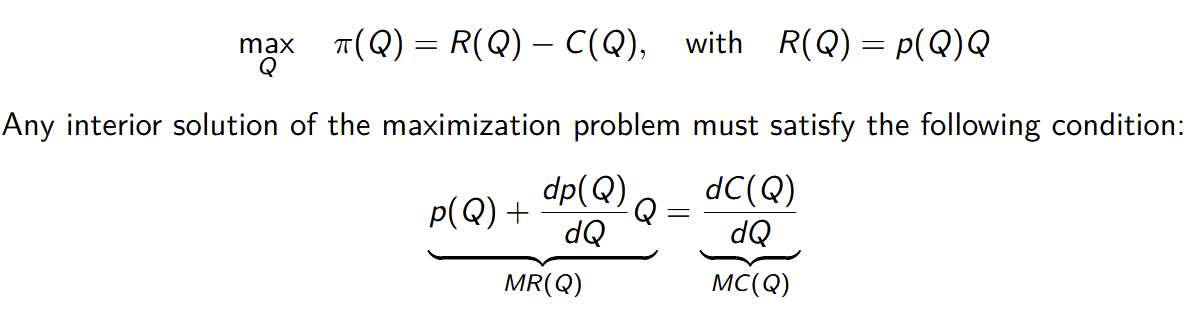 <ul><li><p>maximize with respect to output given market demand and total costs</p></li><li><p>if MR>MC → increase production quantity</p></li><li><p>MR: market price + price reduction of intramarginal units</p></li></ul><p></p>