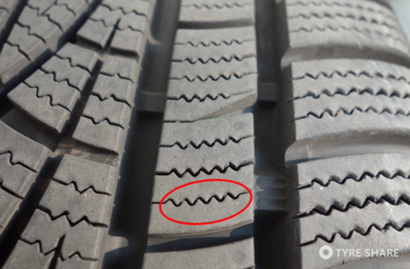 <p>typically found in all-season, all-terrain, and winter tires, they are thin slits molded into an otherwise smooth tread surface to improve traction</p>